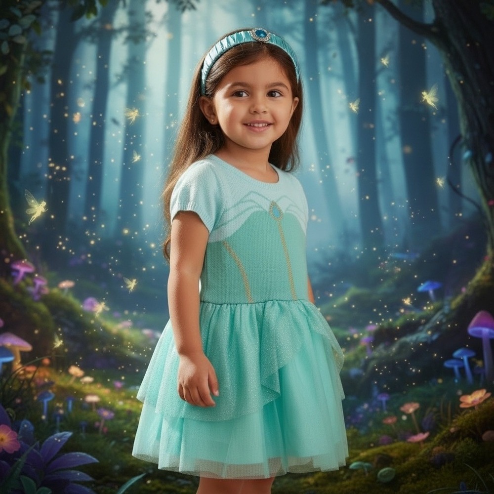 Disney Princess Jasmine Costume Dress Teal Tulle Sparkle with Headband Girls NEW
